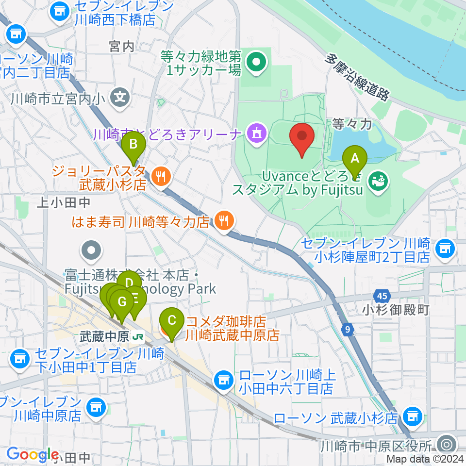 等々力緑地中央グラウンド周辺のカフェ一覧地図