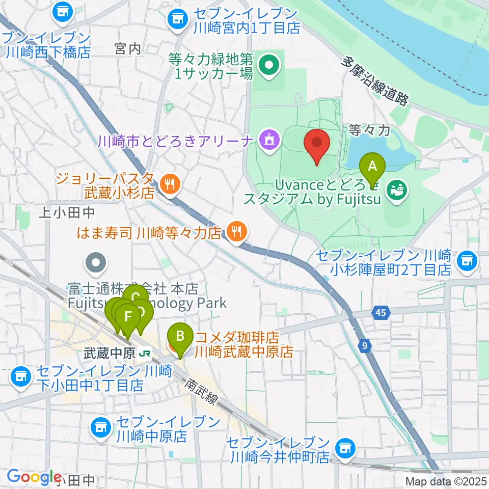 等々力緑地中央グラウンド周辺のカフェ一覧地図