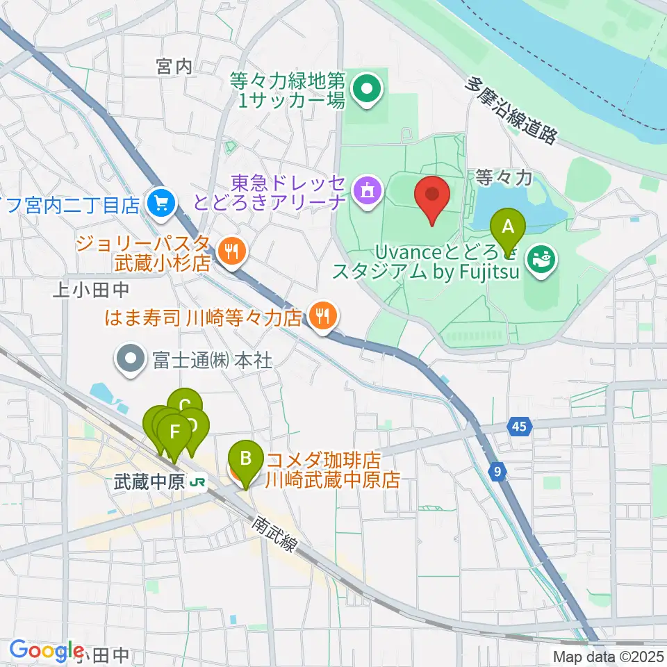 等々力緑地中央グラウンド周辺のカフェ一覧地図