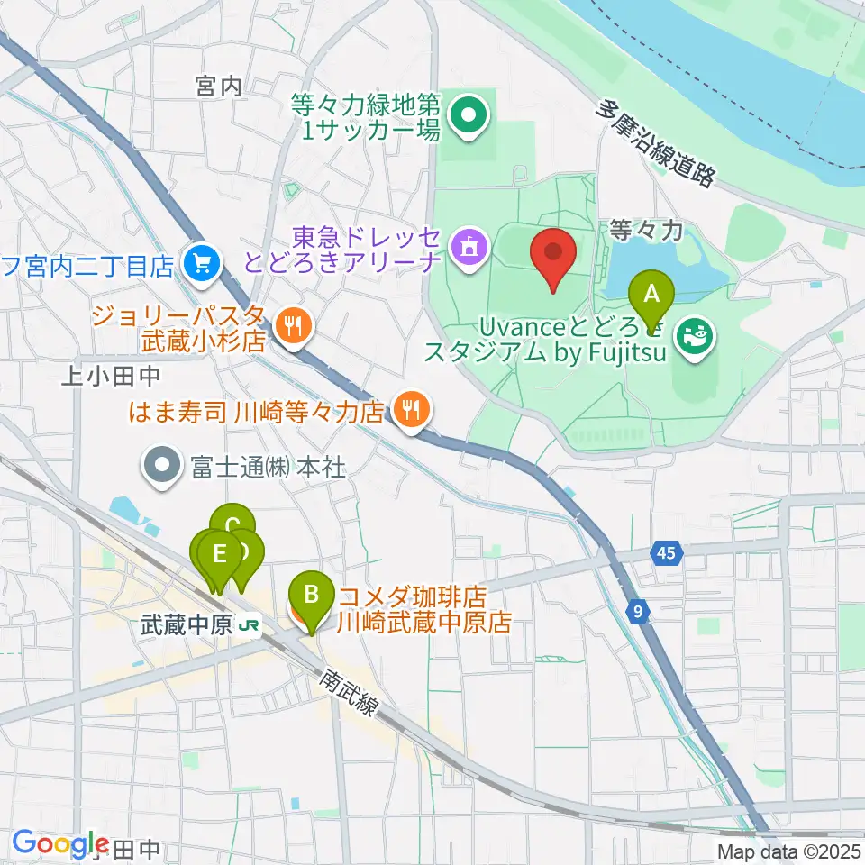 等々力緑地中央グラウンド周辺のカフェ一覧地図