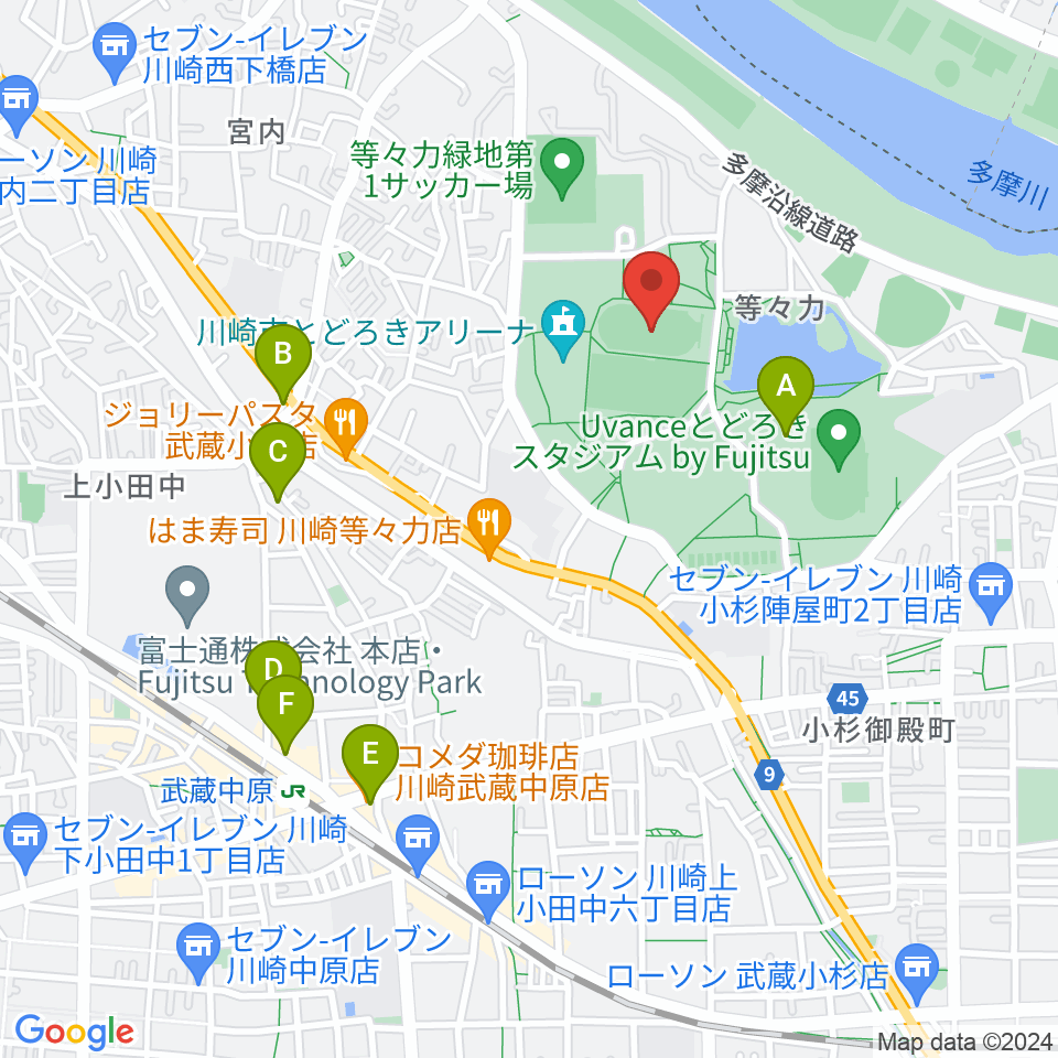 等々力補助陸上競技場周辺のカフェ一覧地図