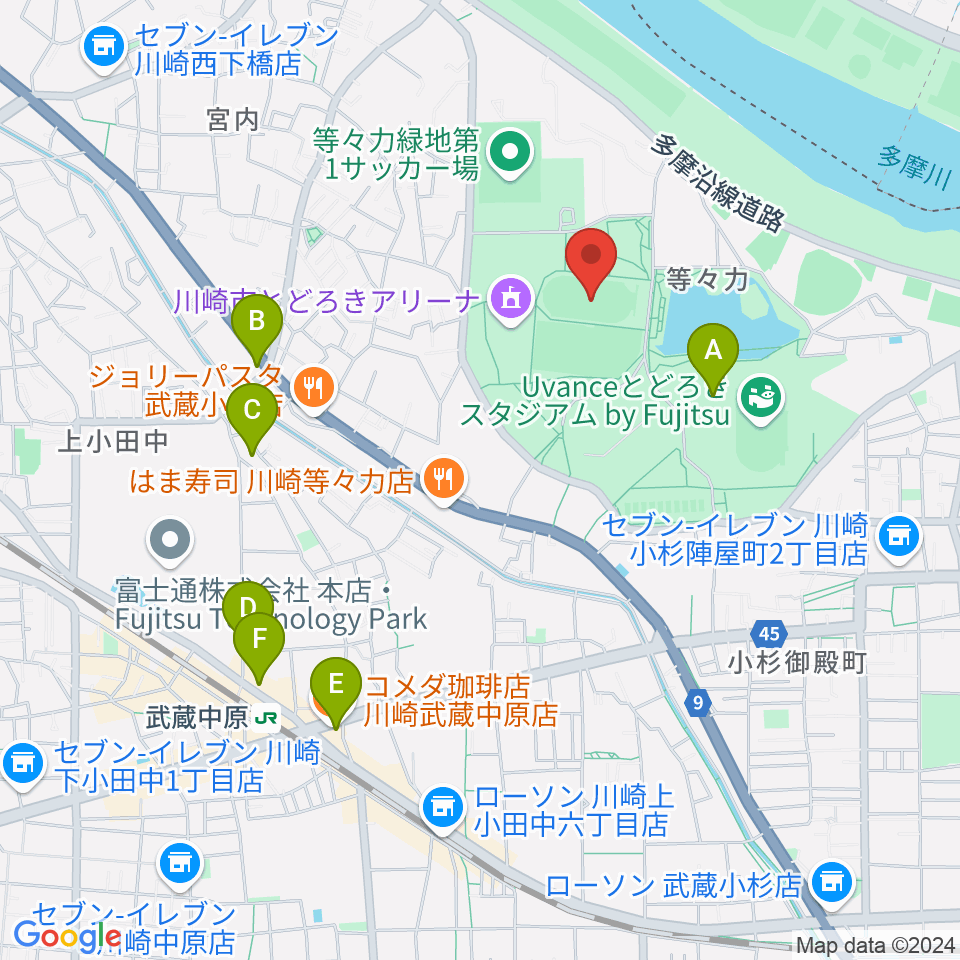 等々力補助陸上競技場周辺のカフェ一覧地図