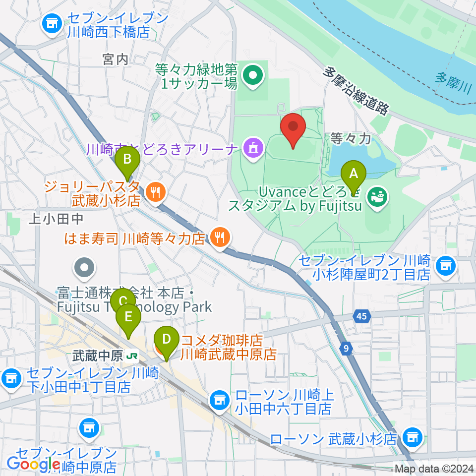 等々力補助陸上競技場周辺のカフェ一覧地図