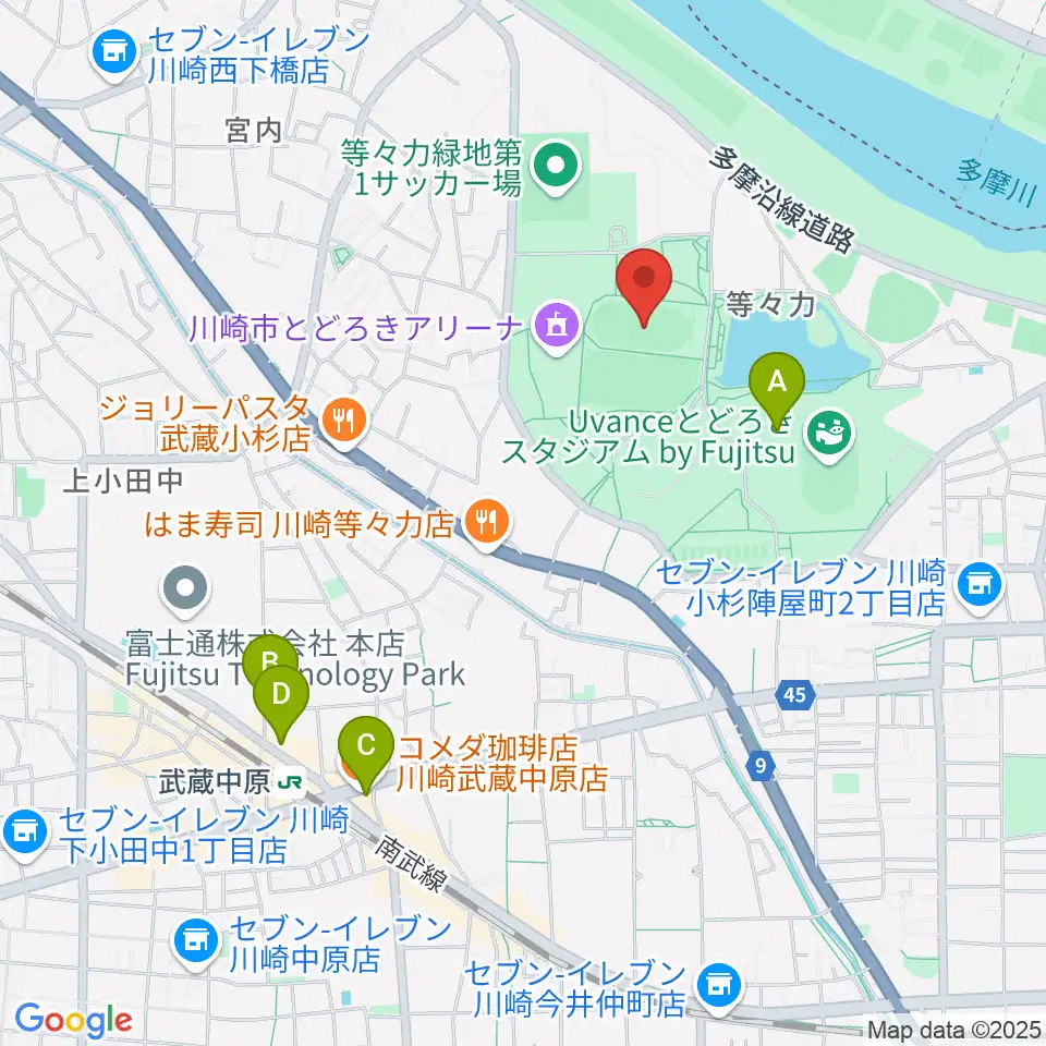 等々力補助陸上競技場周辺のカフェ一覧地図