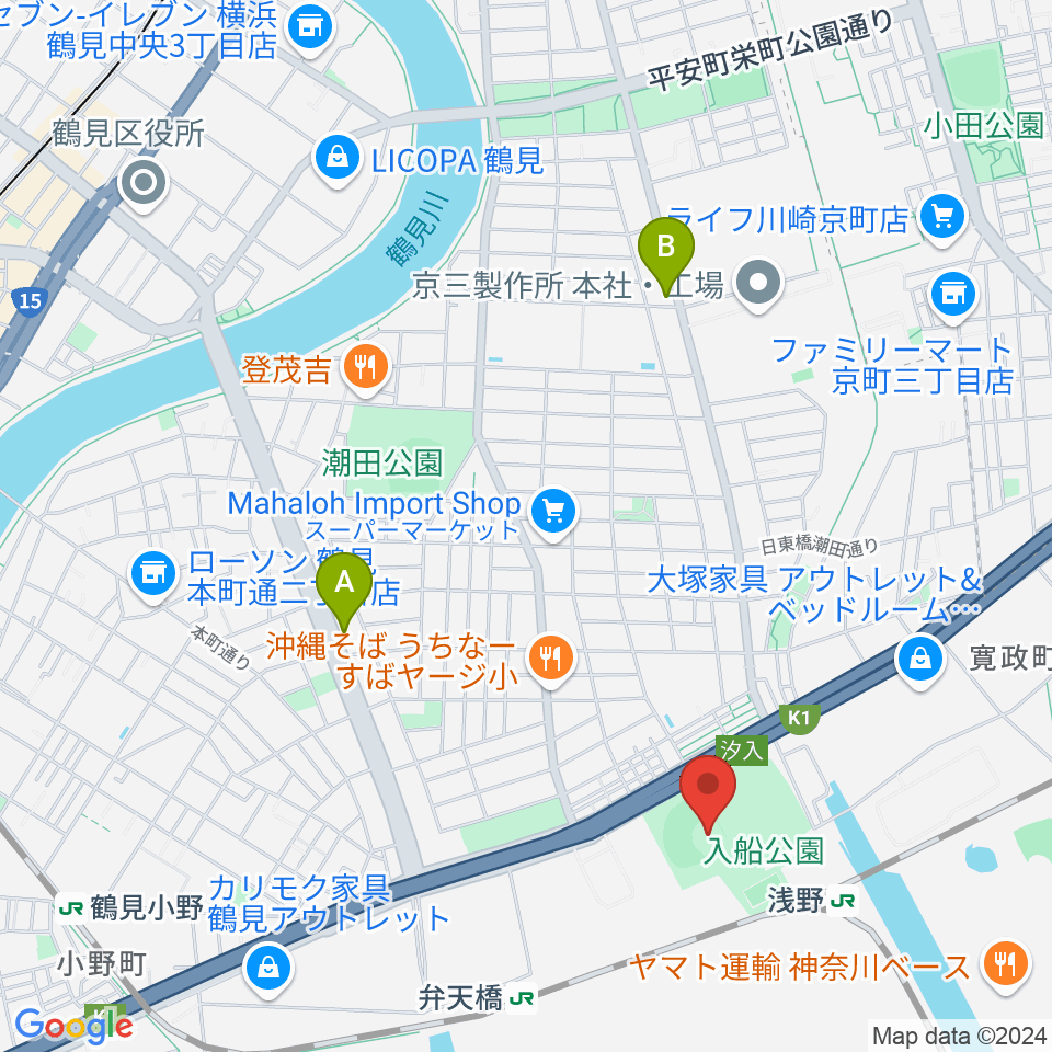 入船公園野球場周辺のカフェ一覧地図