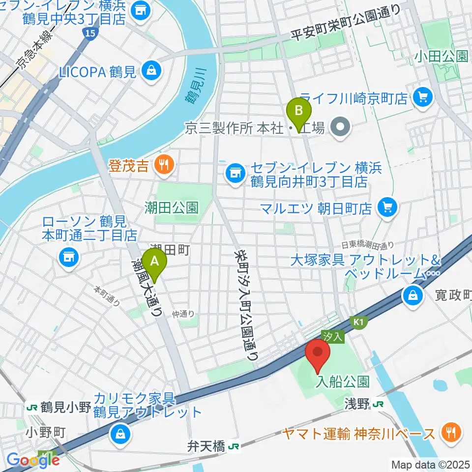 入船公園野球場周辺のカフェ一覧地図