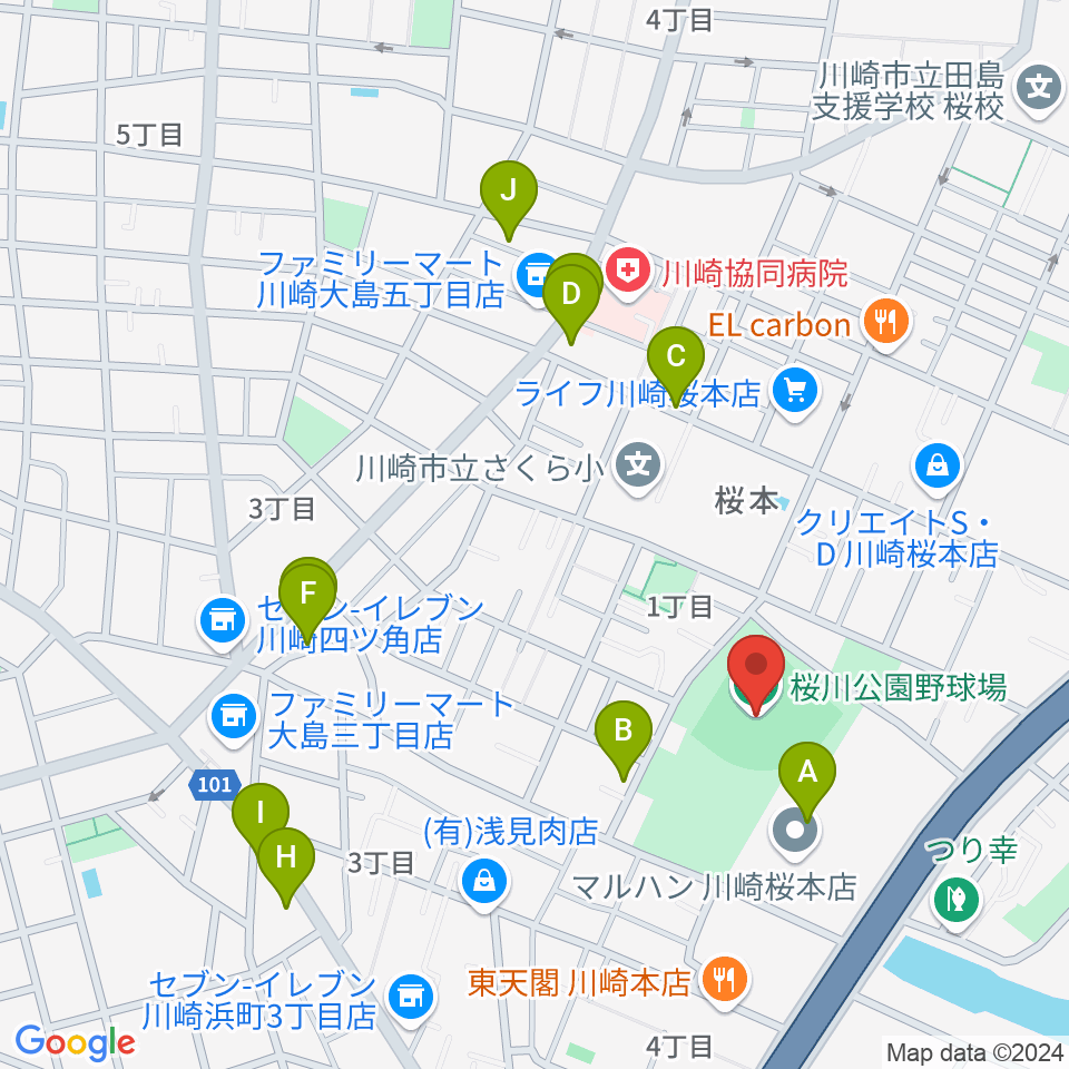 桜川公園野球場周辺のカフェ一覧地図