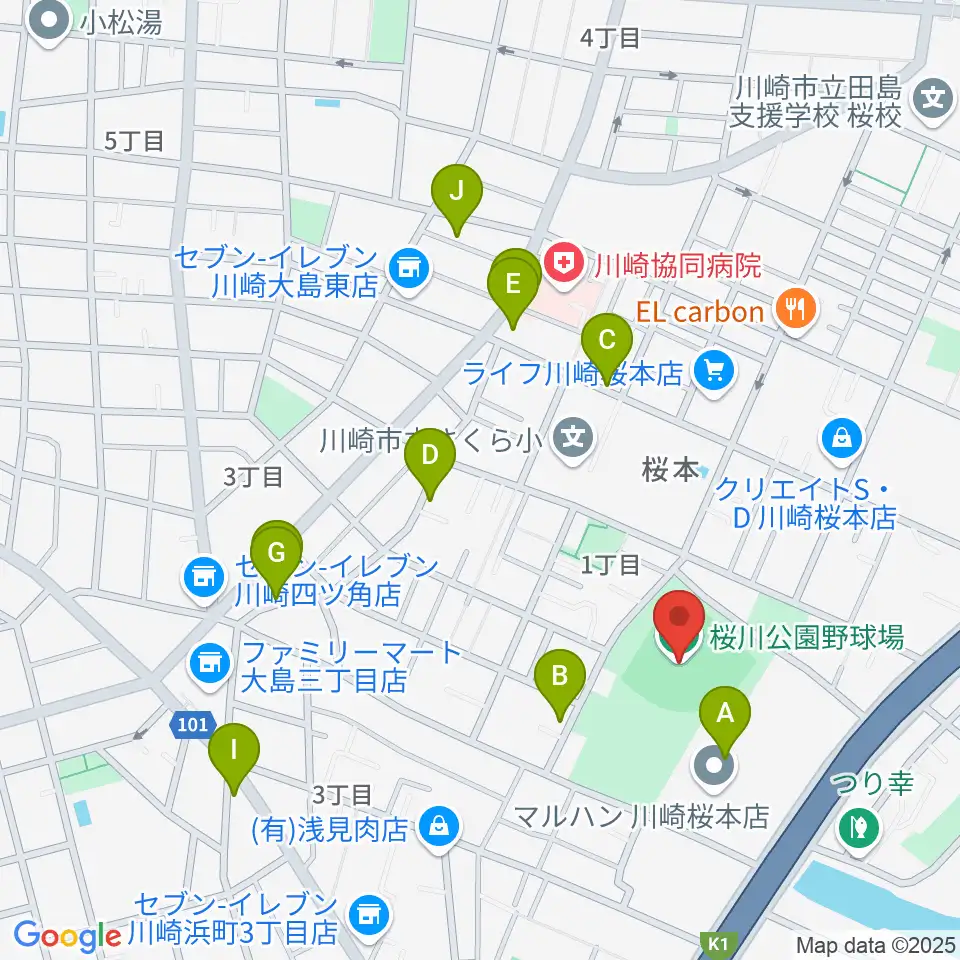 桜川公園野球場周辺のカフェ一覧地図