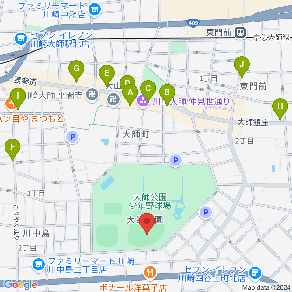 大師球場周辺のカフェ一覧地図