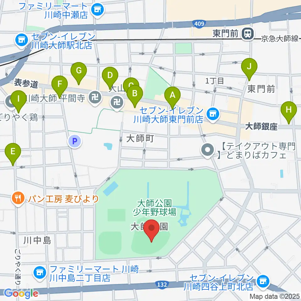 大師球場周辺のカフェ一覧地図