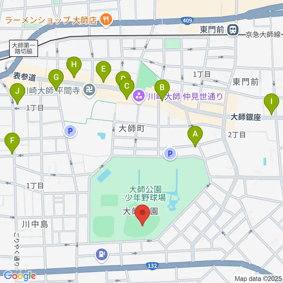 大師球場周辺のカフェ一覧地図