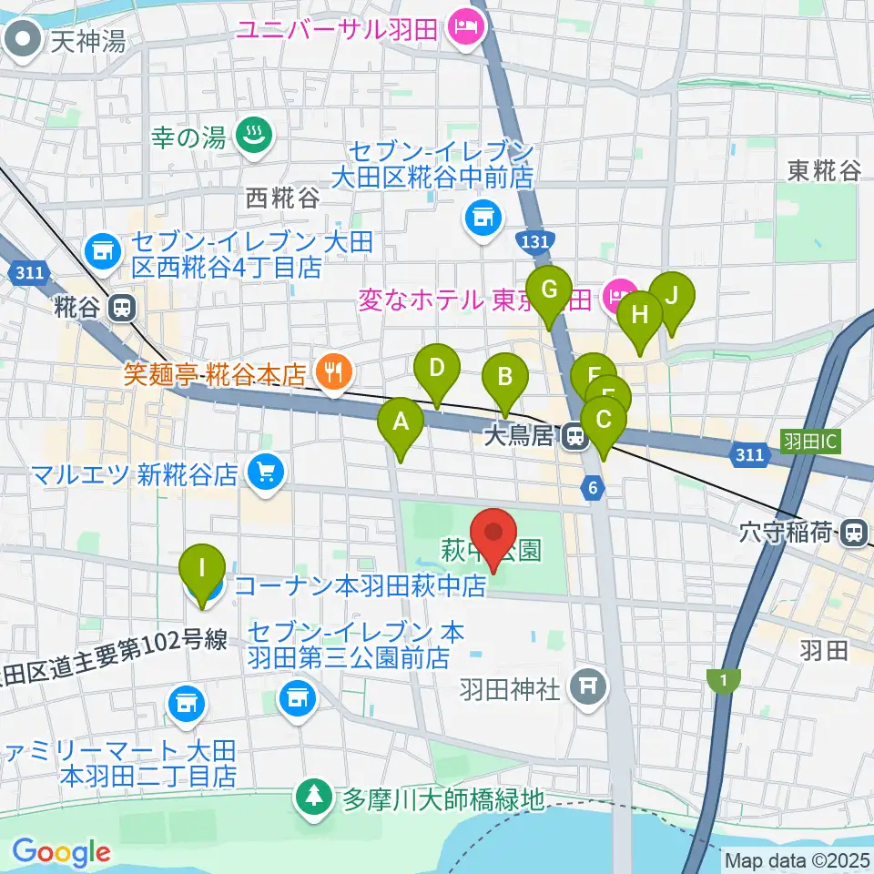 萩中公園野球場周辺のカフェ一覧地図