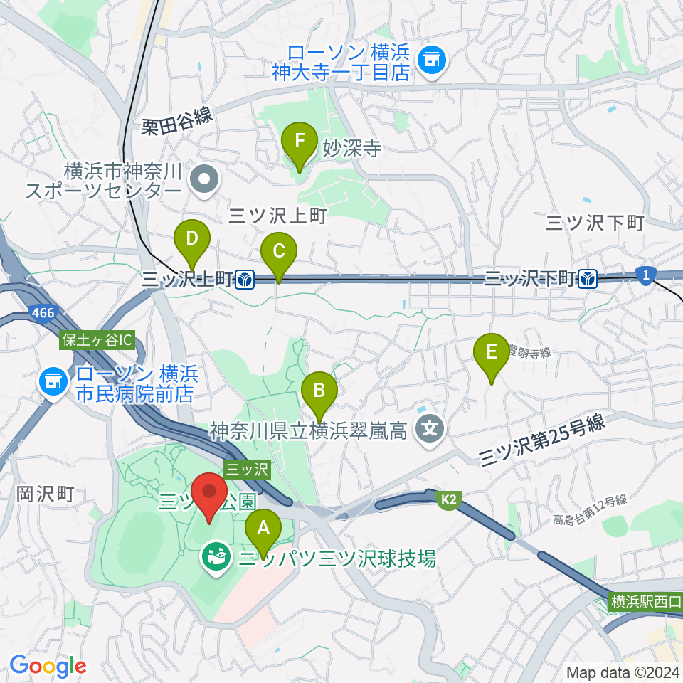 三ツ沢公園補助陸上競技場周辺のカフェ一覧地図