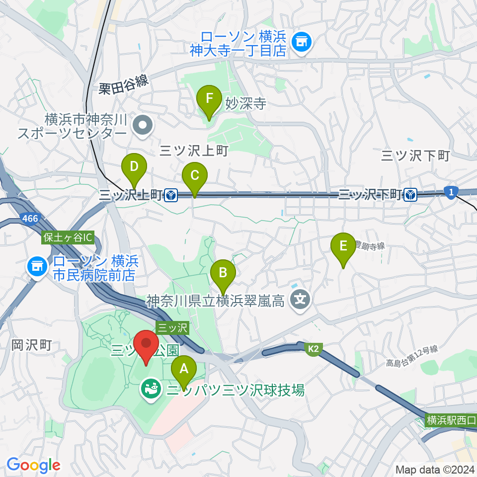 三ツ沢公園補助陸上競技場周辺のカフェ一覧地図