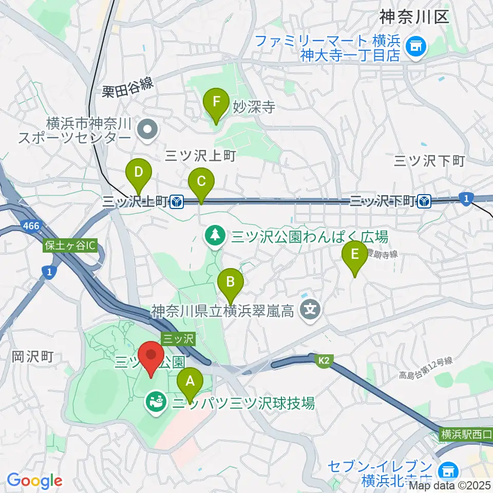 三ツ沢公園補助陸上競技場周辺のカフェ一覧地図