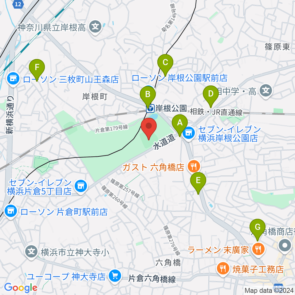 岸根公園野球場周辺のカフェ一覧地図