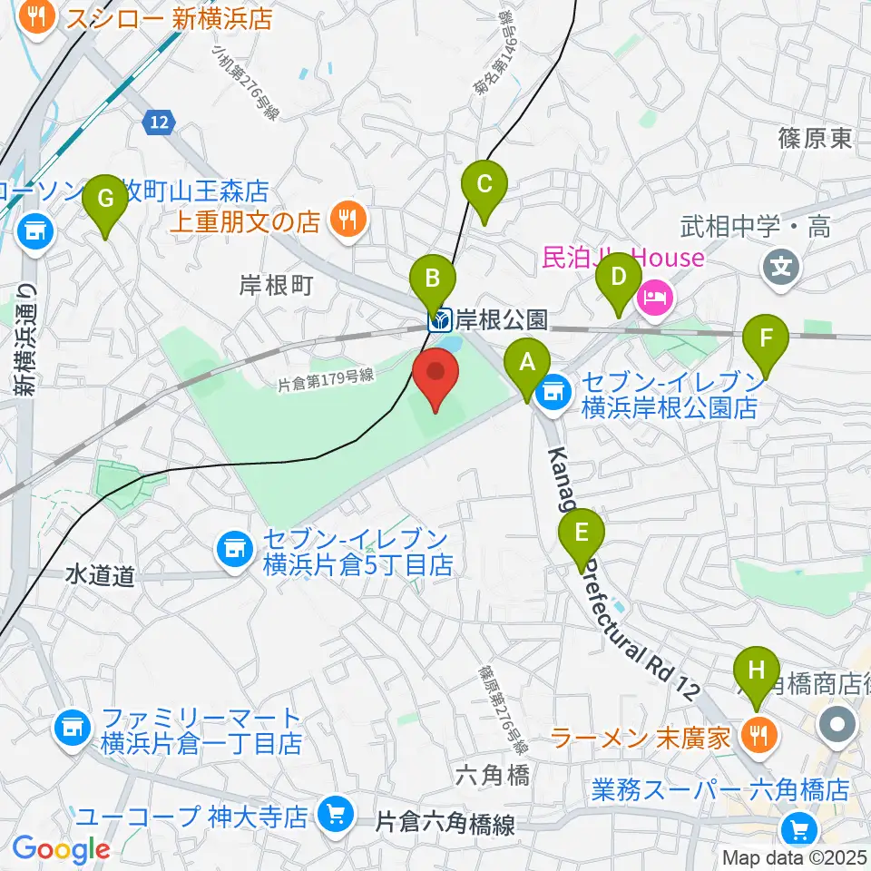 岸根公園野球場周辺のカフェ一覧地図