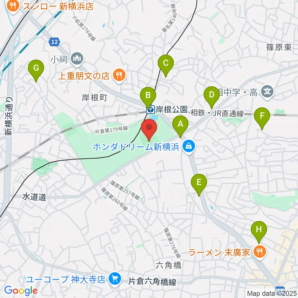 岸根公園野球場周辺のカフェ一覧地図