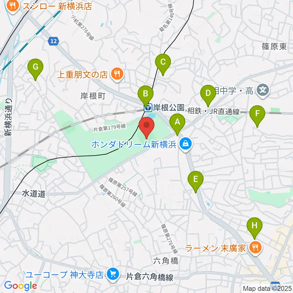 岸根公園野球場周辺のカフェ一覧地図