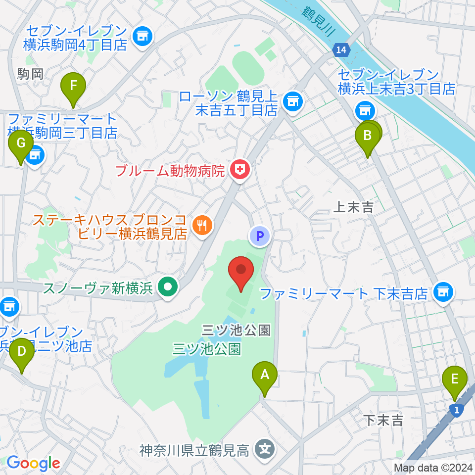 三ツ池公園軟式野球場周辺のカフェ一覧地図