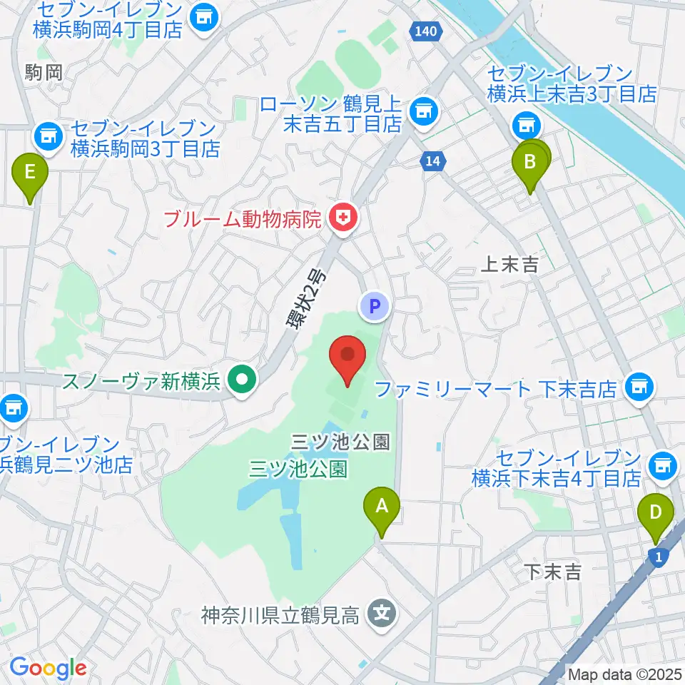 三ツ池公園軟式野球場周辺のカフェ一覧地図