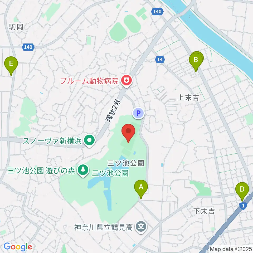 三ツ池公園軟式野球場周辺のカフェ一覧地図