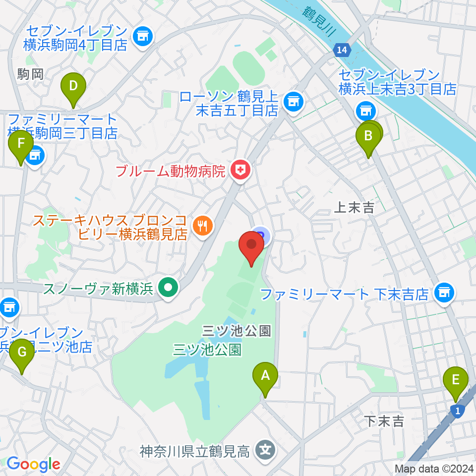 三ツ池公園多目的広場周辺のカフェ一覧地図