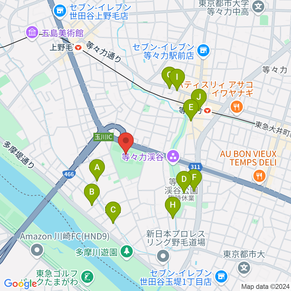 玉川野毛町公園野球場周辺のカフェ一覧地図