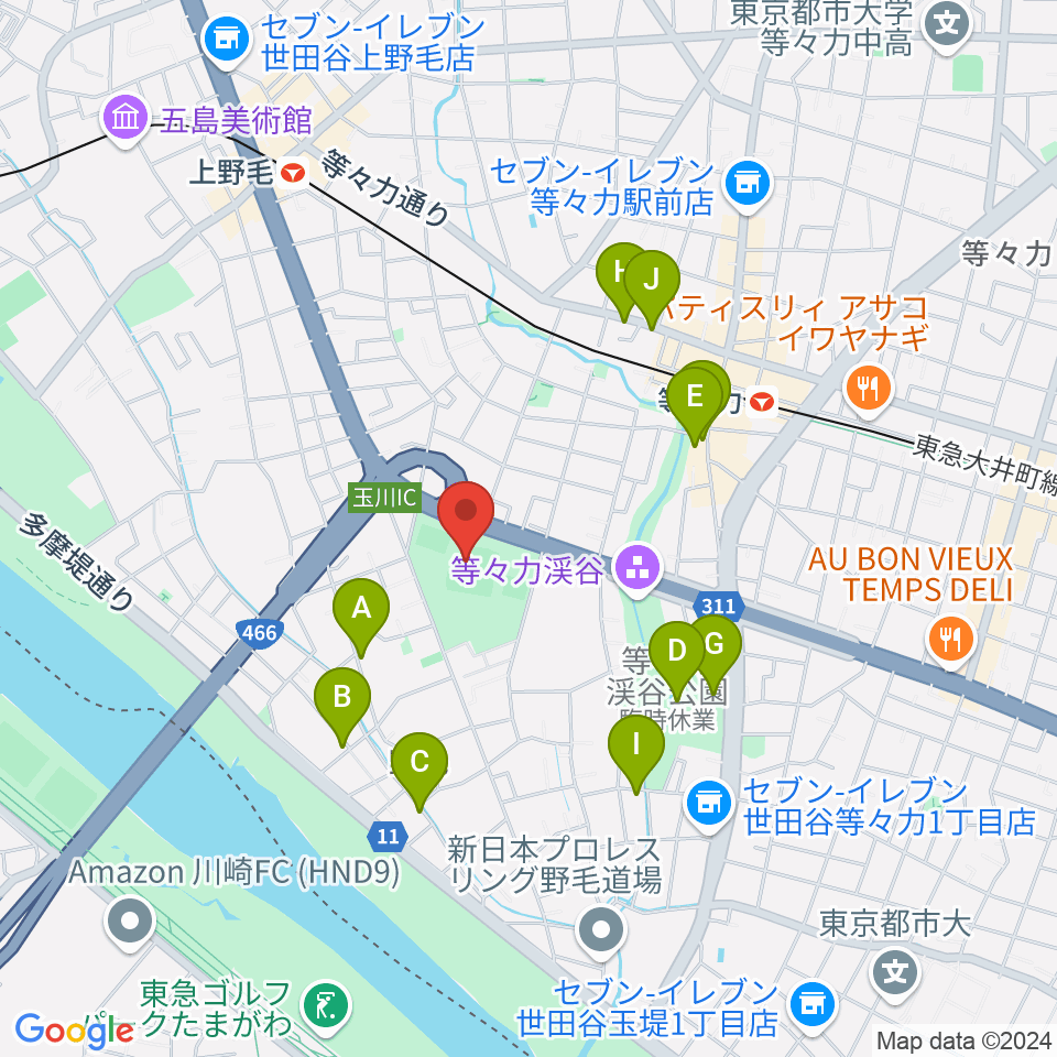 玉川野毛町公園野球場周辺のカフェ一覧地図