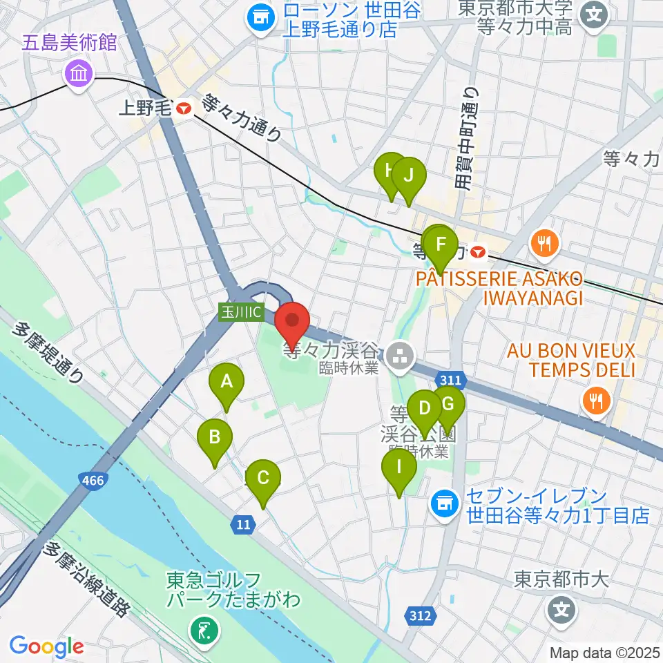 玉川野毛町公園野球場周辺のカフェ一覧地図