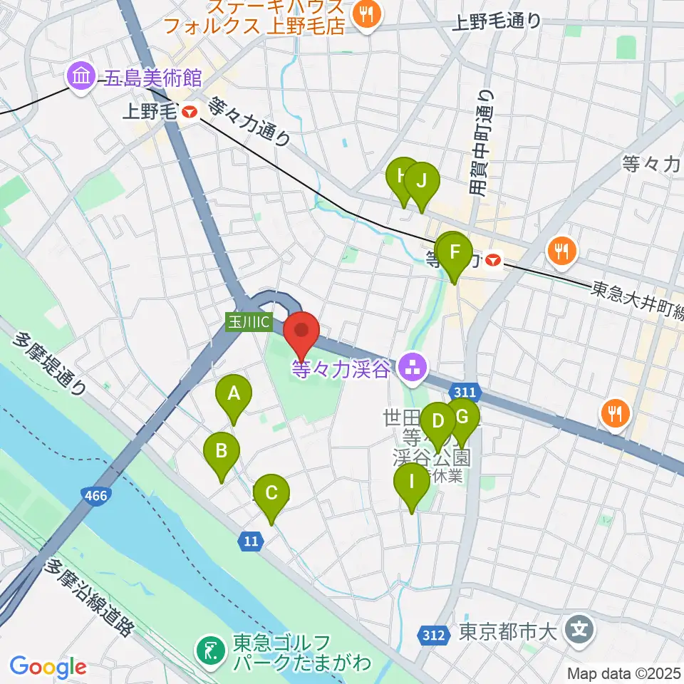玉川野毛町公園野球場周辺のカフェ一覧地図