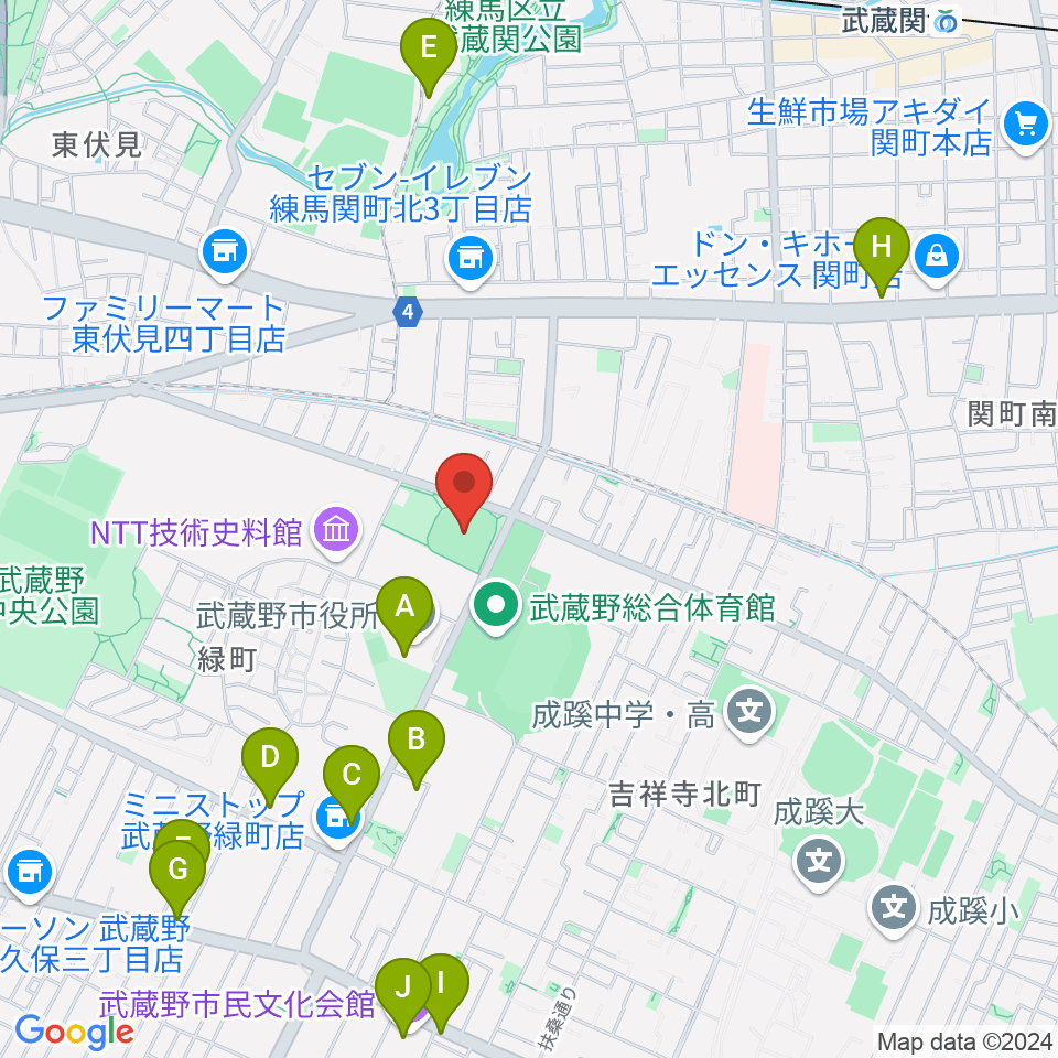 武蔵野軟式野球場周辺のカフェ一覧地図