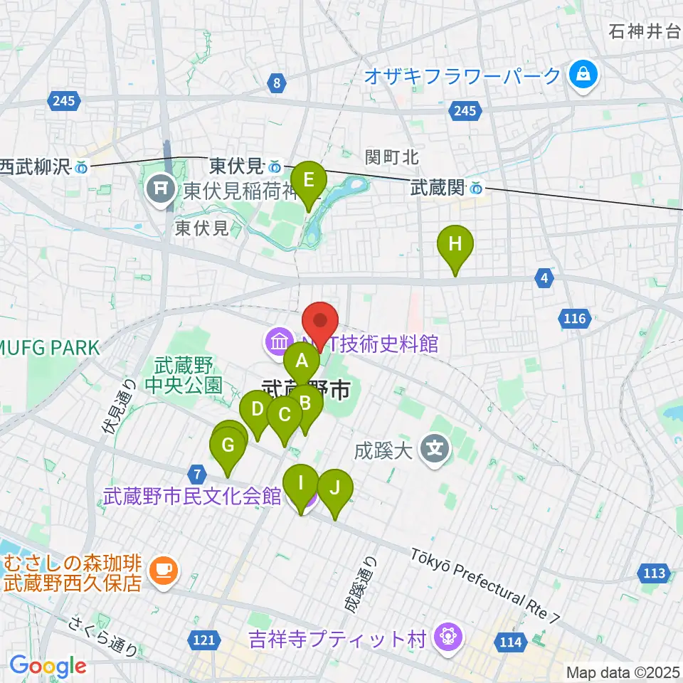 武蔵野軟式野球場周辺のカフェ一覧地図