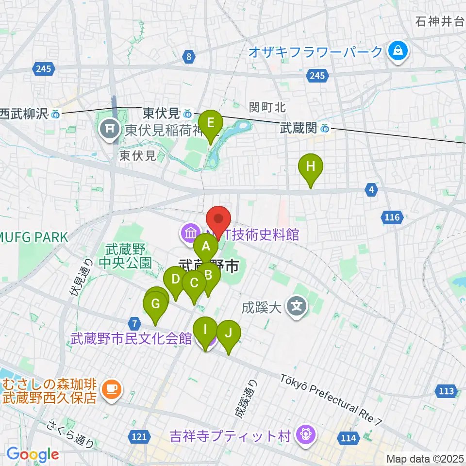 武蔵野軟式野球場周辺のカフェ一覧地図