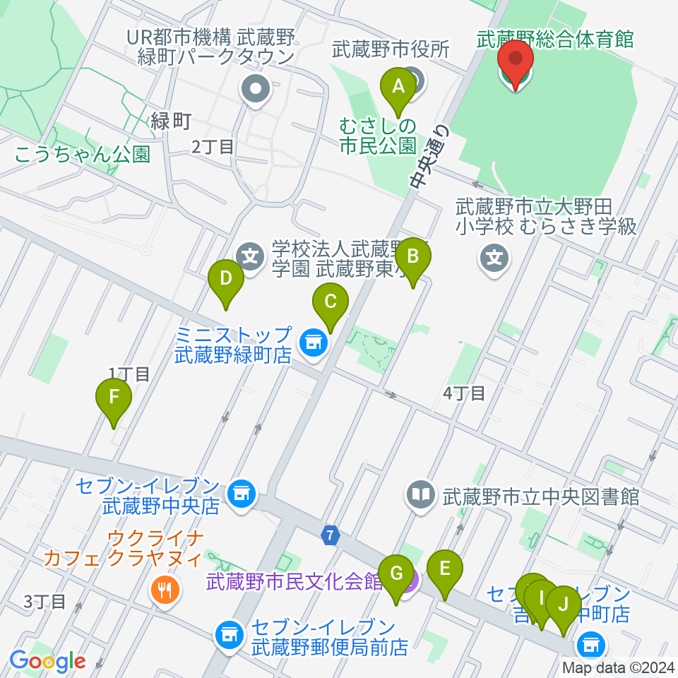 武蔵野総合体育館周辺のカフェ一覧地図