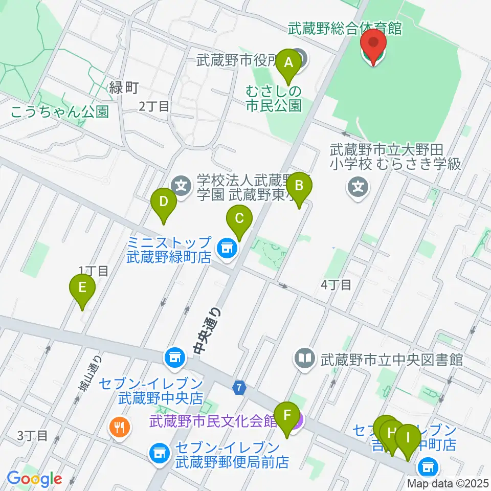 武蔵野総合体育館周辺のカフェ一覧地図