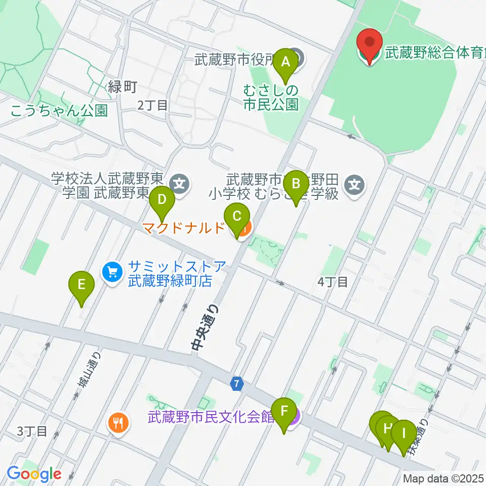 武蔵野総合体育館周辺のカフェ一覧地図