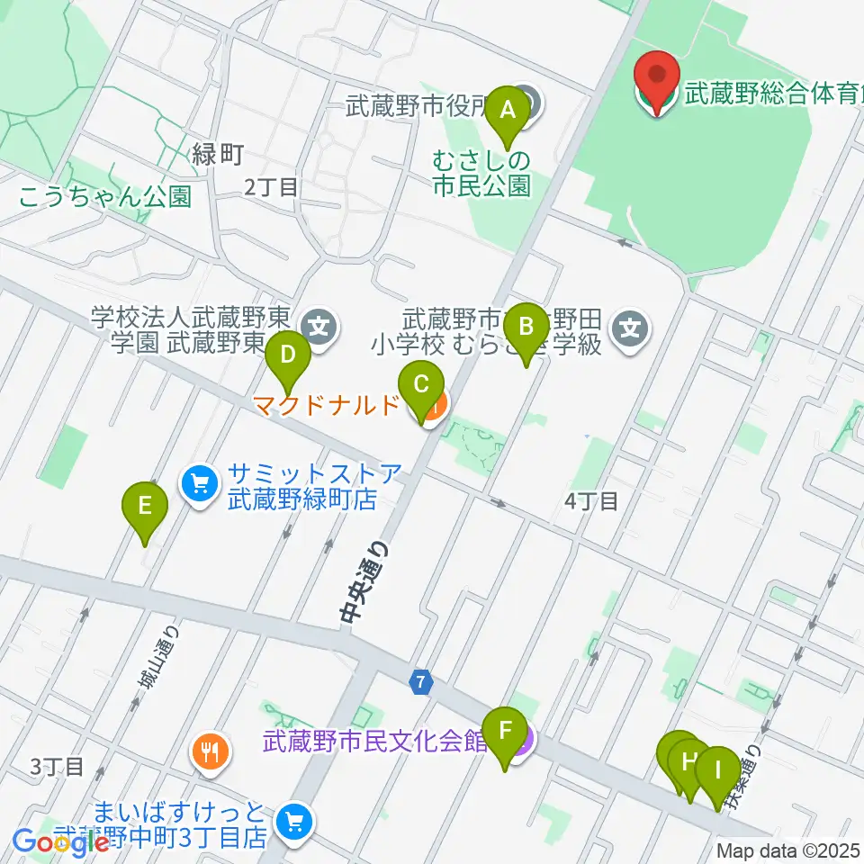 武蔵野総合体育館周辺のカフェ一覧地図