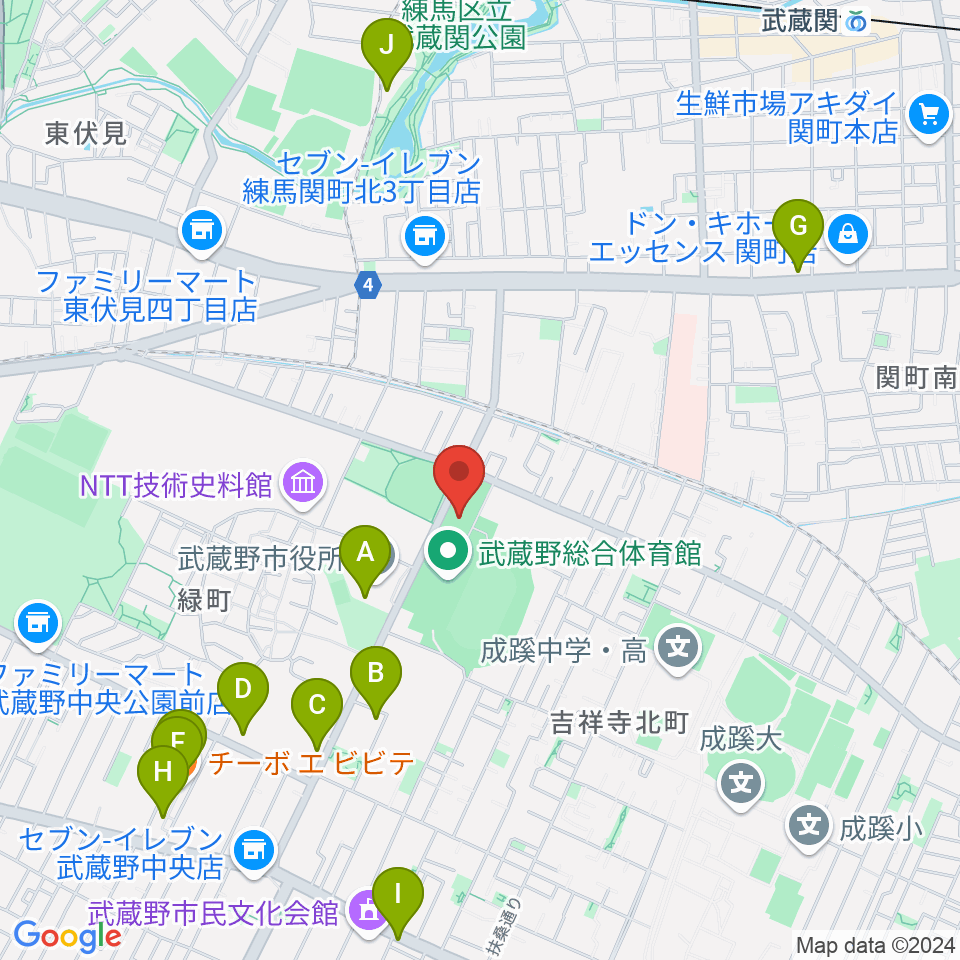 武蔵野温水プール周辺のカフェ一覧地図