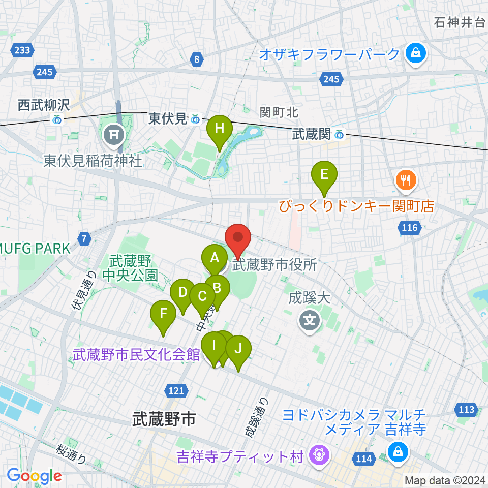 武蔵野温水プール周辺のカフェ一覧地図