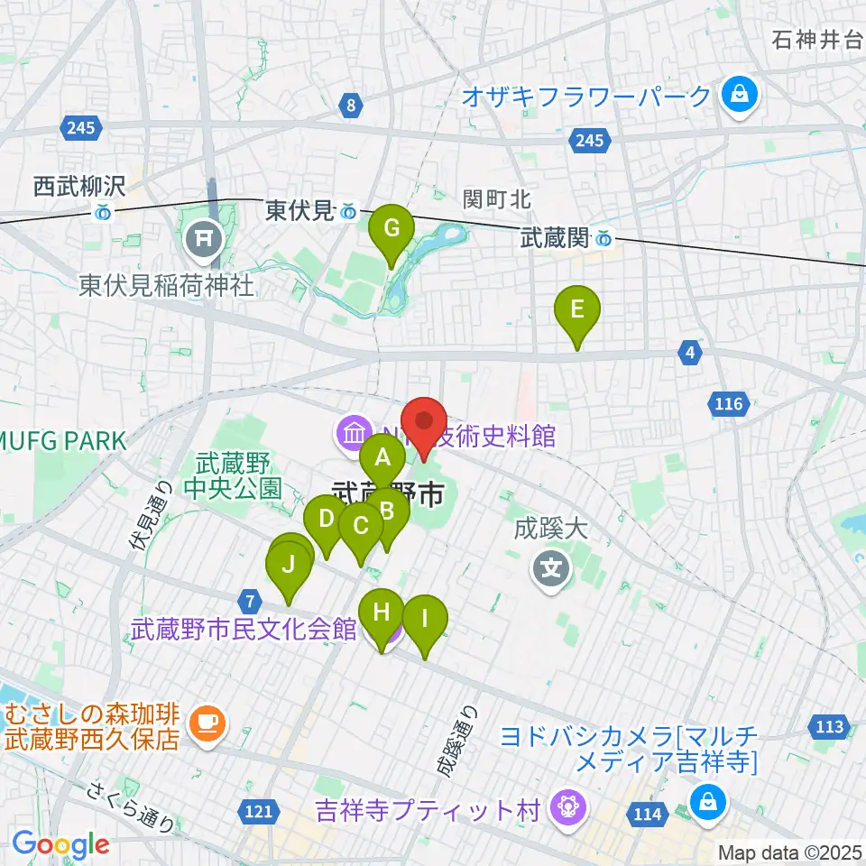 武蔵野温水プール周辺のカフェ一覧地図