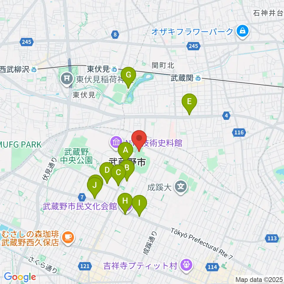武蔵野温水プール周辺のカフェ一覧地図