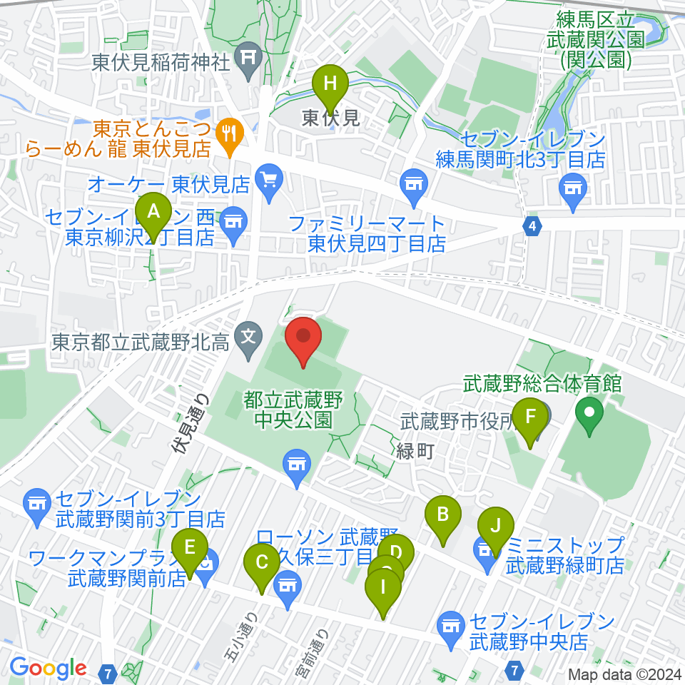 武蔵野中央公園スポーツ広場周辺のカフェ一覧地図