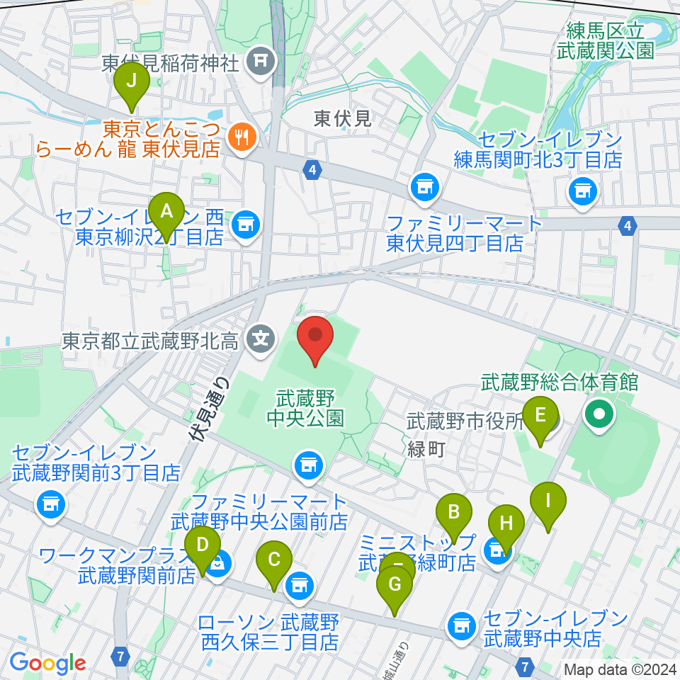 武蔵野中央公園スポーツ広場周辺のカフェ一覧地図