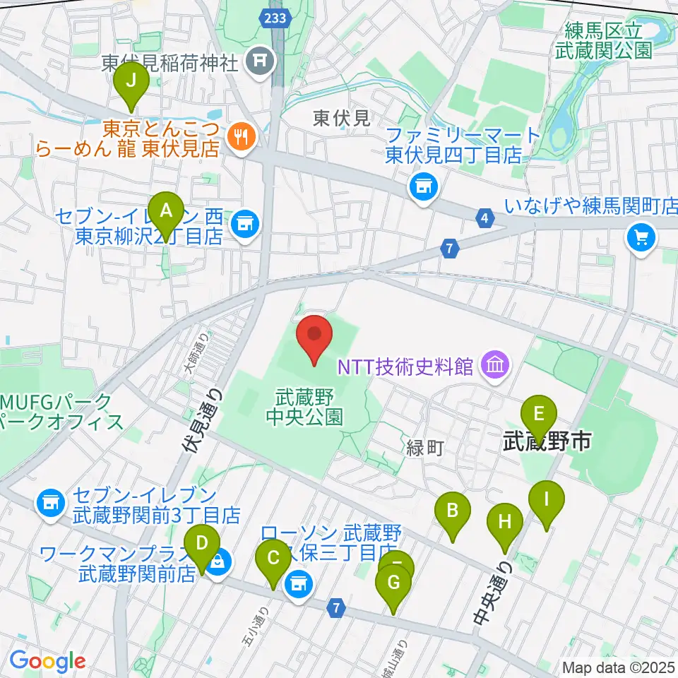 武蔵野中央公園スポーツ広場周辺のカフェ一覧地図