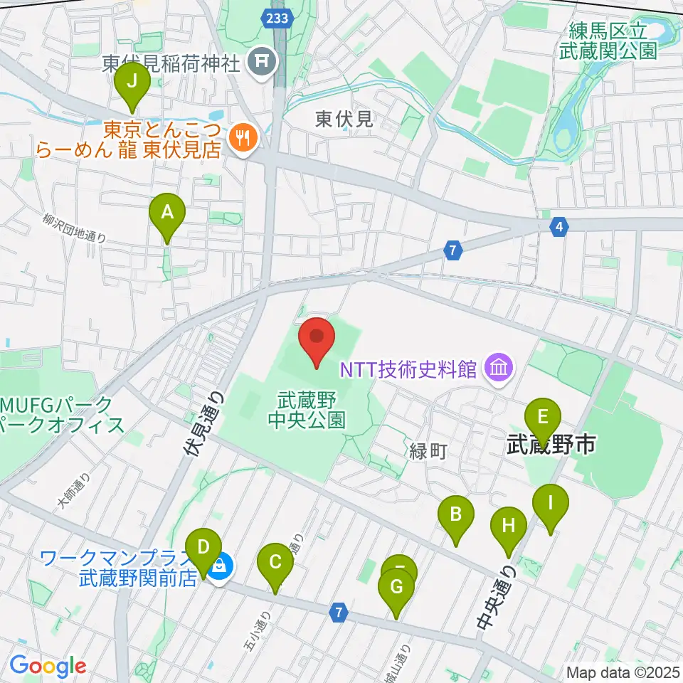 武蔵野中央公園スポーツ広場周辺のカフェ一覧地図