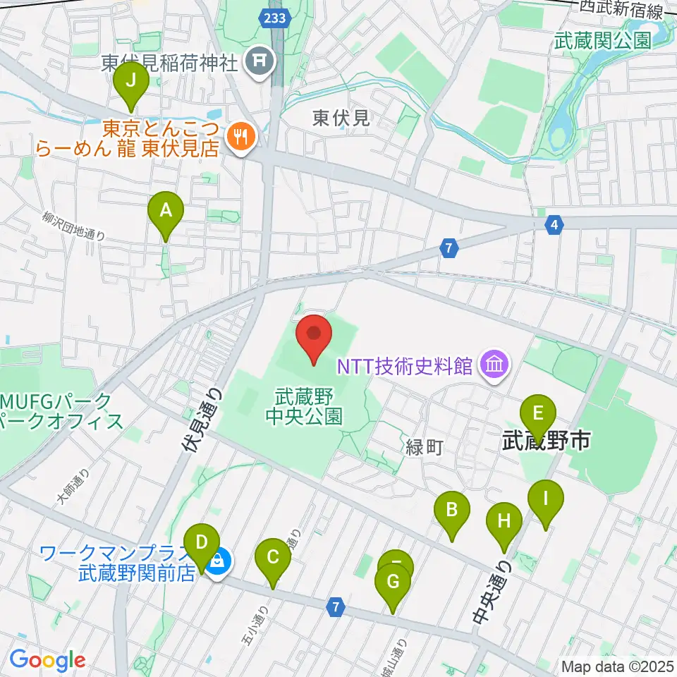 武蔵野中央公園スポーツ広場周辺のカフェ一覧地図