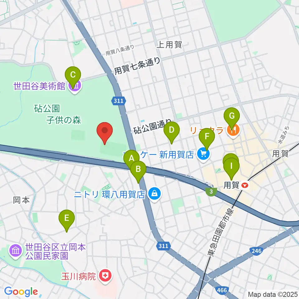 砧公園軟式野球場周辺のカフェ一覧地図