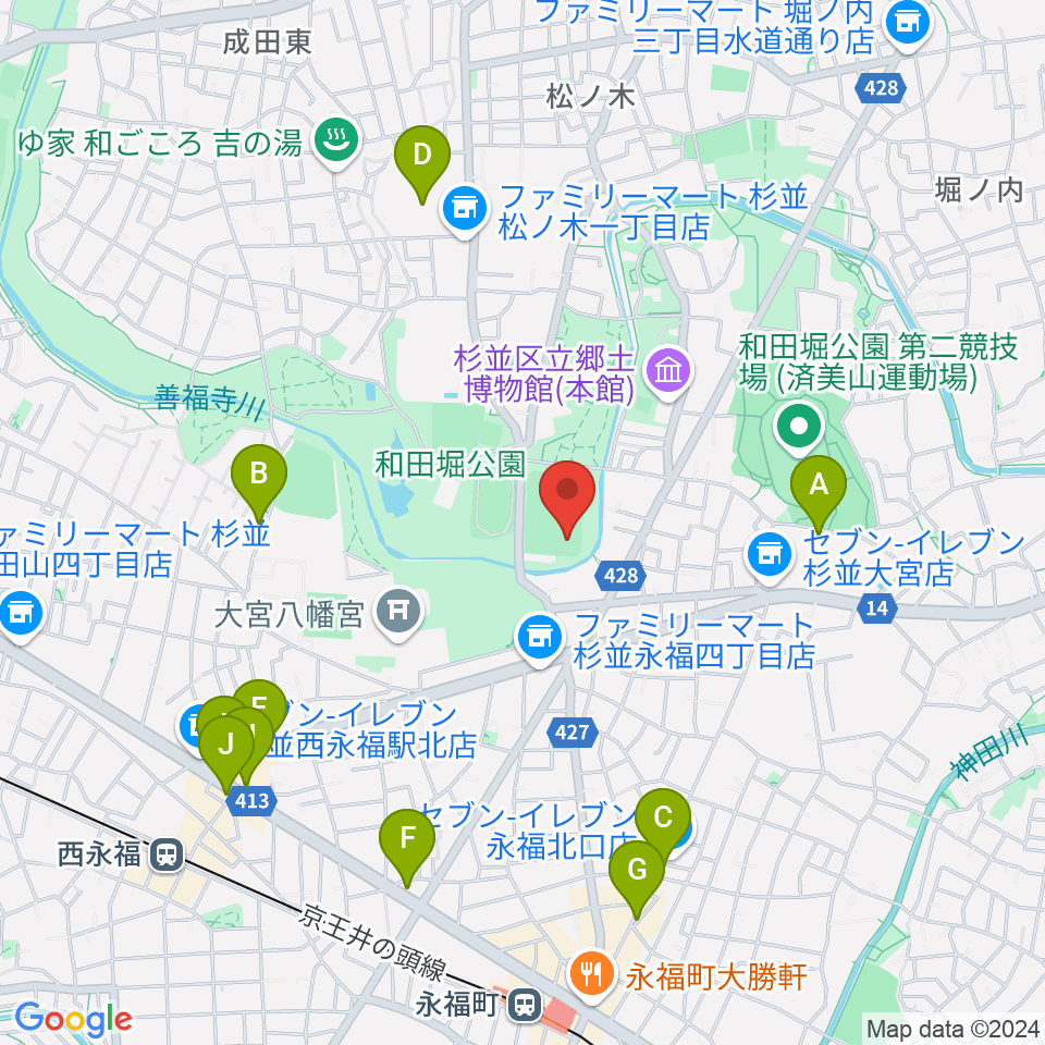 和田堀公園野球場周辺のカフェ一覧地図