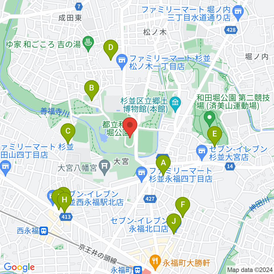和田堀公園第一競技場周辺のカフェ一覧地図